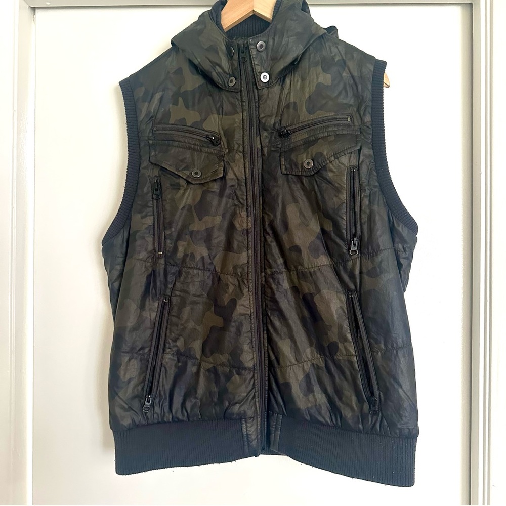 INC Army Camo Utility Vest – Women’s Large, Detachable Hoodie